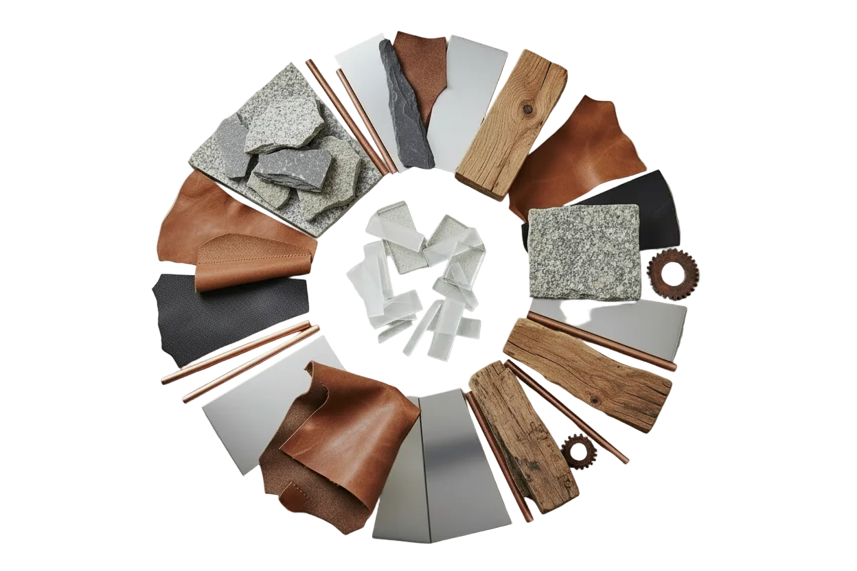 ein bild welches stücke verdiesnter materialien zeigt: wir z.v.  plastik, stein, leder, holz, metall